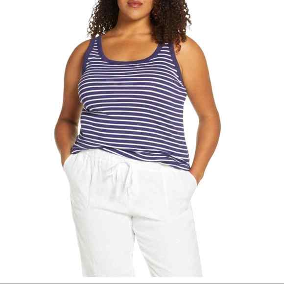 Caslon Tops - Caslon Melody Navy & White Nina Striped Scoop Neck Tank Cotton Women's Large L